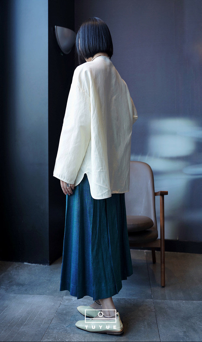 TUYUE White Linen Shell Buckle Silhouette Long Sleeve Shirt - FRANK.
