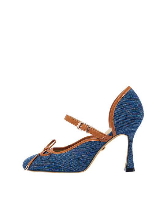 Lily Wei [Denim Style] French Blue Straight Bow Heels, Hollow Sandals- CAMILLE