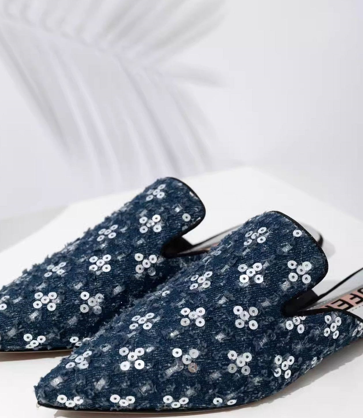 B-FEI'S Denim Sequin Pointed Toe Casual Flat Mules-MATT.