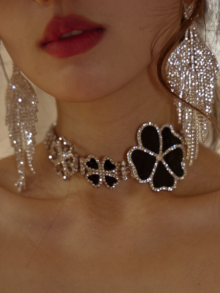 DOLLY Elegant Black Big Flower Diamond Chocker Chic Necklace-AMAL