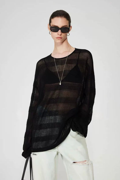 PIAOIN Striped Knitwear Women's Long Staple Cotton Crew Neck T-Shirt-NATALIA.
