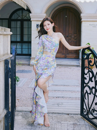 DOLLY Elegant Slant Collar Long Puff Sleeve Hollow Irregular Ruffled Hem Dress-KIERA