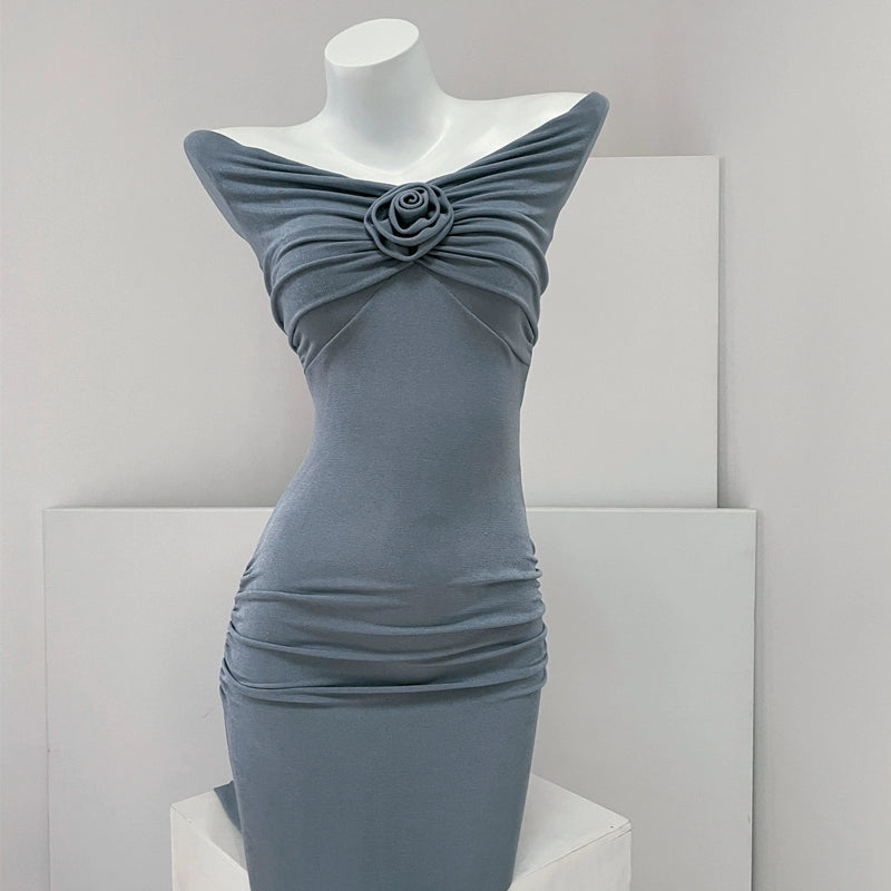 DOLLY Luxury French Style Off Shoulder Short Sleeve Hip Wrap Dinner Dress-ANTHEA