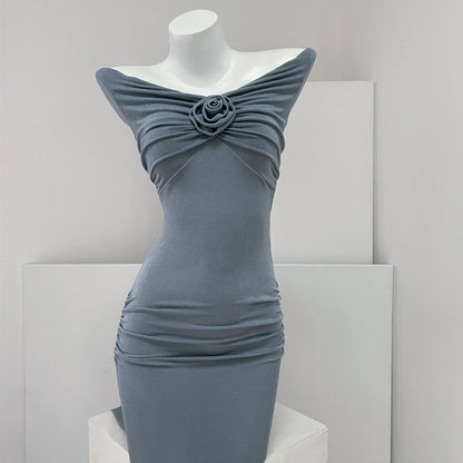 DOLLY Luxury French Style Off Shoulder Short Sleeve Hip Wrap Dinner Dress-ANTHEA