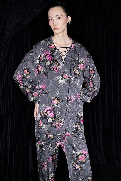 M essential Mackay designer cherry blossom print beads scissor neck loose top - NOCTAINE.