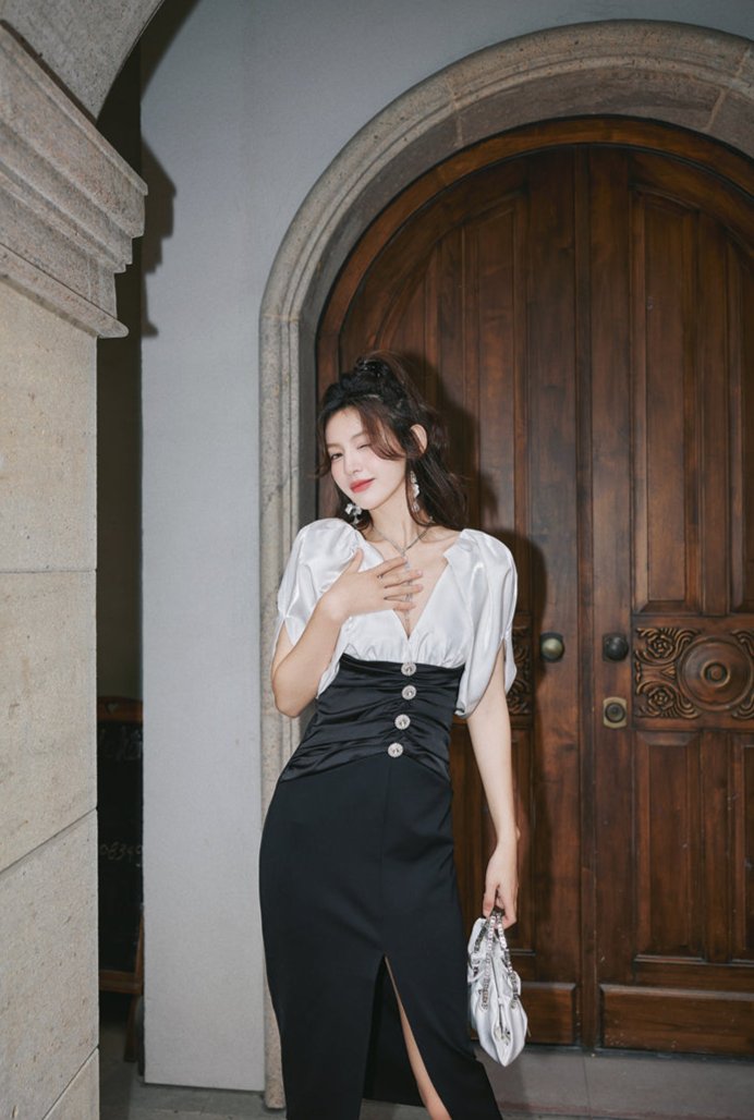 DOLLY Elegant Black and White Deep V-Neck Short Puff Sleeves Slim Fit Office Dress-ZOEY