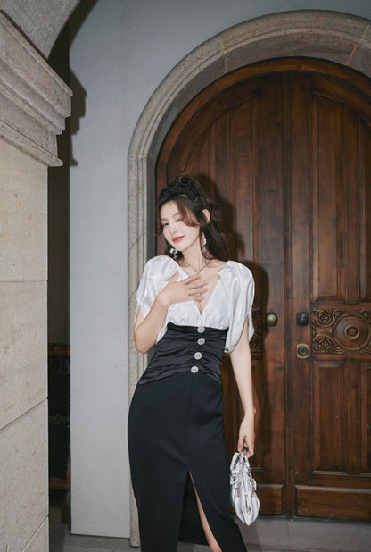 DOLLY Elegant Black and White Deep V-Neck Short Puff Sleeves Slim Fit Office Dress-ZOEY