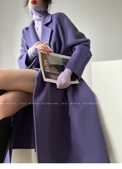 Aconiconi Luxury Purple Lapel Long Sleeve Long Straight Winter Coat- Taro