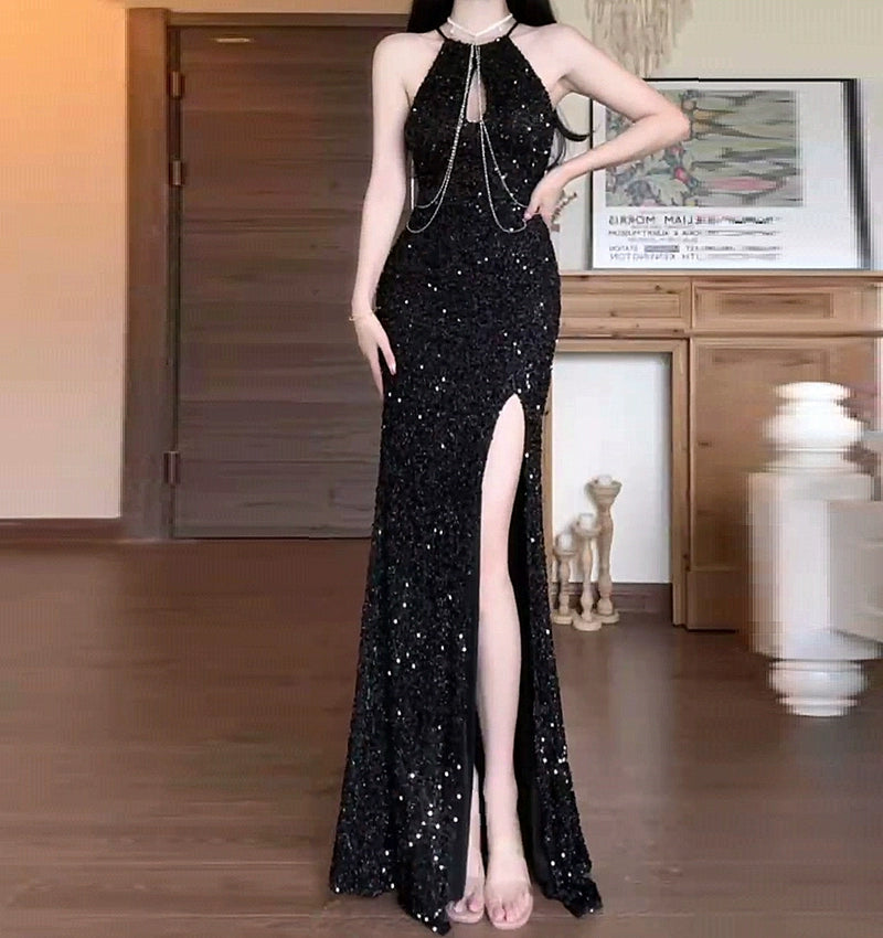 DOLLY Elegant Sleeveless Sequin Halter High Waist Fish Tail Evening Dress-BECCA