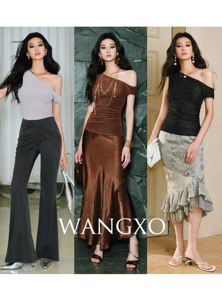 WANGXO Brilliant Radiant Acetate Bright Silk Heavy Handmade Slanted Shoulder Top - NELLA