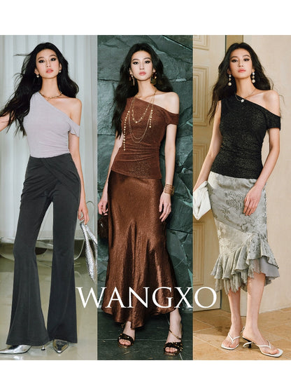 WANGXO Brilliant Radiant Acetate Bright Silk Heavy Handmade Slanted Shoulder Top - NELLA