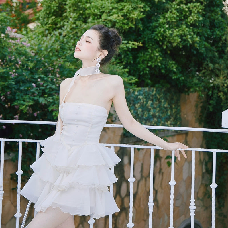 DOLLY Elegant Cream Colored Tube Top Fluffy Ruffle Birthday Dress-ANDORA (V)