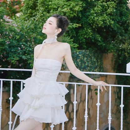 DOLLY Elegant Cream Colored Tube Top Fluffy Ruffle Birthday Dress-ANDORA (V)