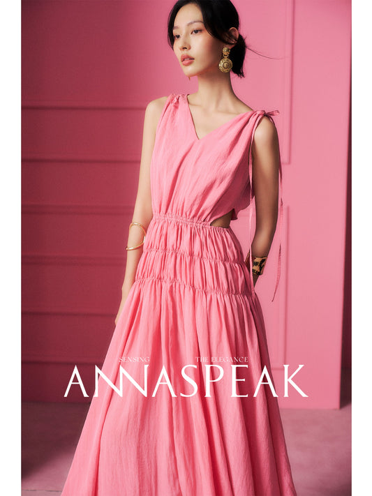 AnnaSpeak Luxury Plain Pink V-Neck Sleeveless Full Long Resort Dress-Keke