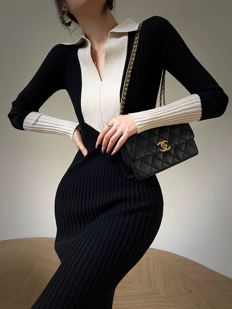 Aconiconi Luxury Polo Collar Long Sleeve Slim Fit Knitted Midi Dress- Paris Old Dream