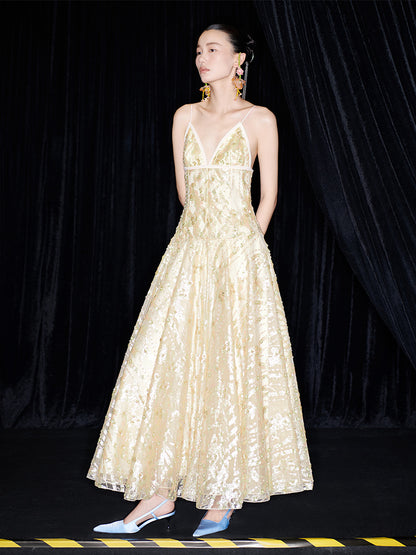 M essential Mackay designer Jinghui embroidered backless suspender dress- CAN.