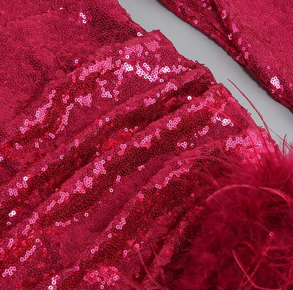 DOLLY Elegant Red Square Collar Long Sleeve Slim Fit Short Sequin Cocktail Dress-QUEEEN