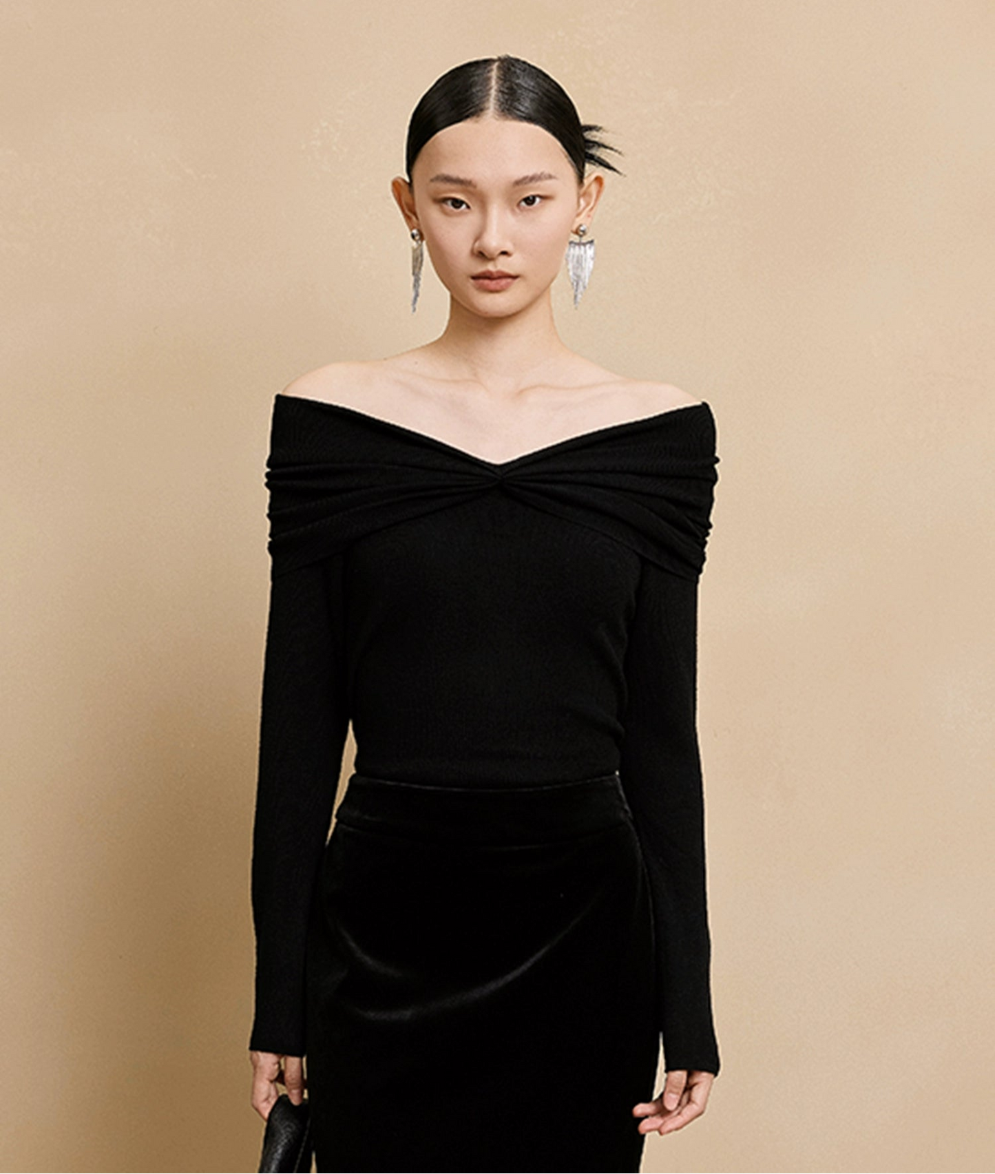 HECO  long-sleeved black red knitwear off-the-shoulder spring - DREAM.