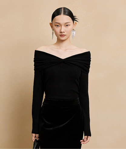 HECO  long-sleeved black red knitwear off-the-shoulder spring - DREAM.