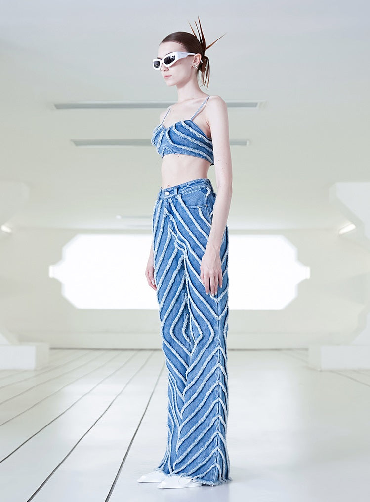 ANNAKIKI fractal shooting star raw edge denim bell bottoms-YAMEN.