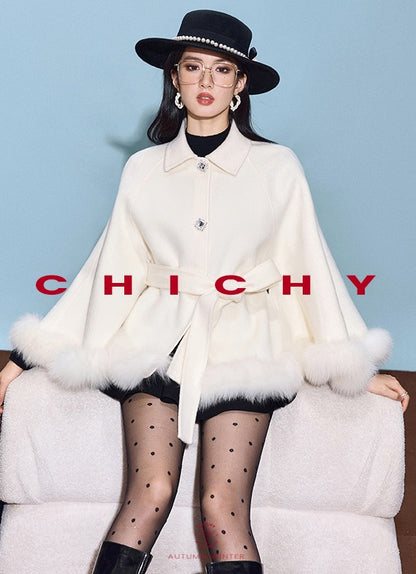 CHICHY white high-end loose reversible woolen cape coat-DOMI