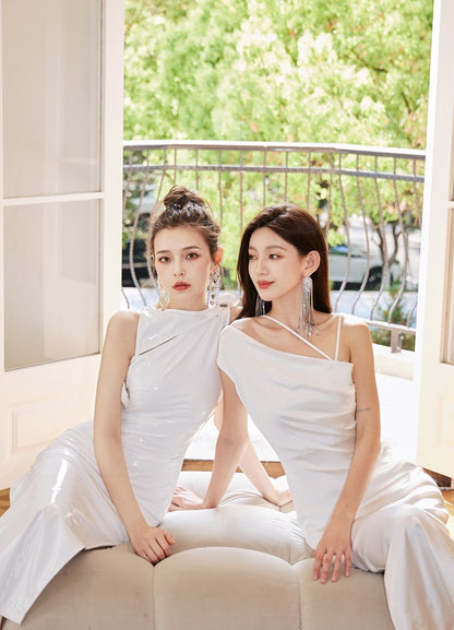 DOLLY Elegant Blue French Style Satin Sleeveless Pleated Hip Long Slit Dinner Dress-AVA