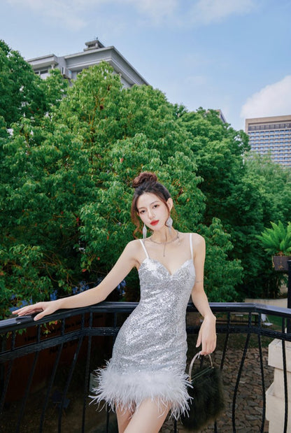 DOLLY Luxury Sliver Sleeveless Sequin Feather Suspender Slim Fit Party Dress-AADHIRA