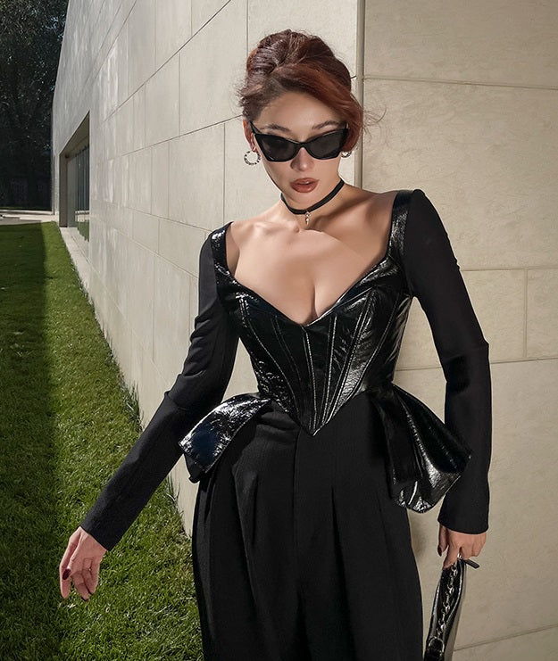 Le Palais  black patent leather fishbone slim top-JENNY