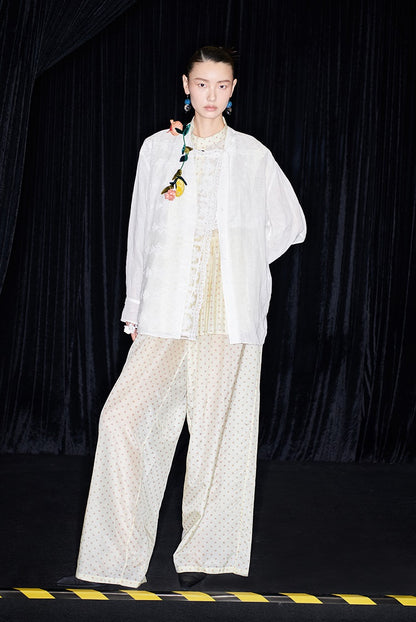 M essential Mackay designer polka dot silk cotton elasticated wide-leg trousers - YVONE.