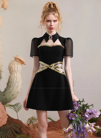 CHECOCRE summer new gold sequencil hollow design thin little black dress - NIDE.