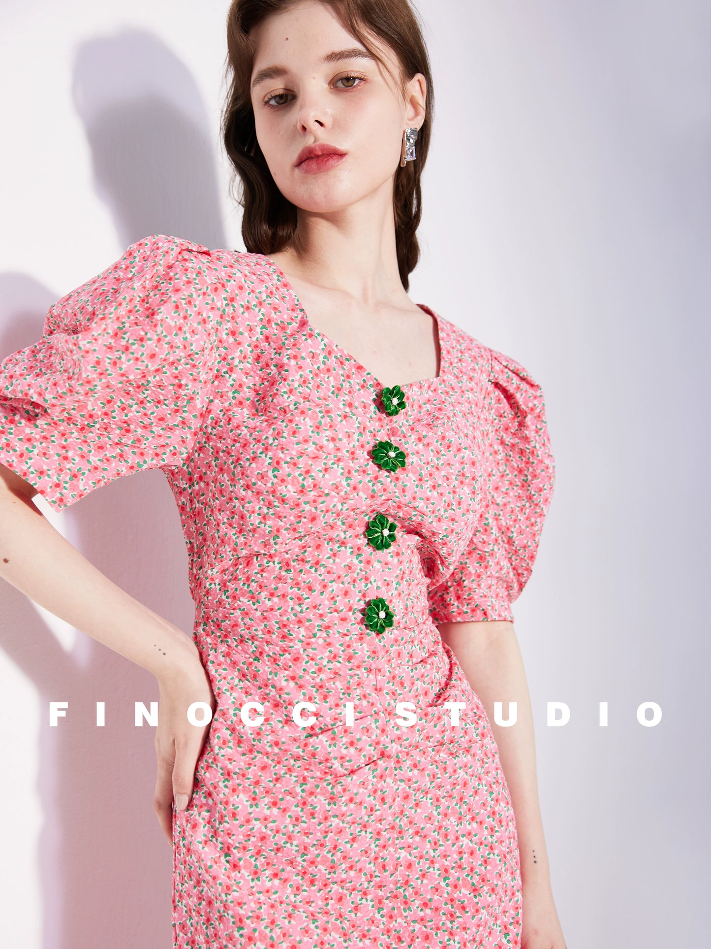 Retro decorative button puff sleeve square neck floral dress - Talli