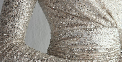 DOLLY Elegant Green V-Neck Long Sleeve Bright Sequin Short Evening Dress-PRISCILLA