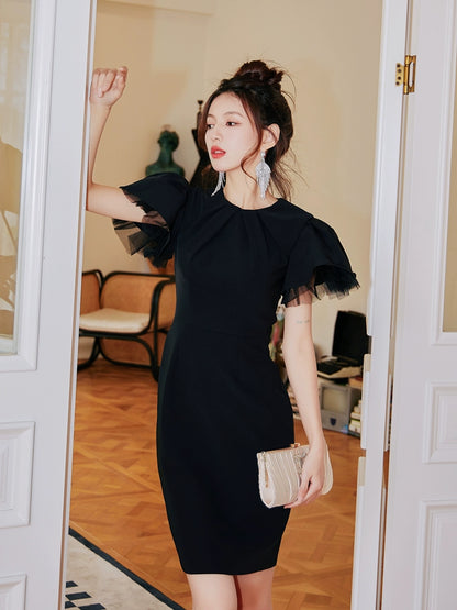 DOLLY Elegant Black Half Turtle Neck Short Puff Sleeve Midi Mesh Dinner Dress-AARTI