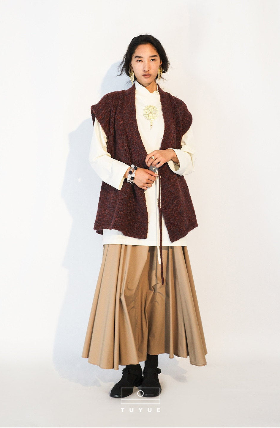 TUYUE Camel Color Simple Large Swing Long Skirt Umbrella Skirt- URIEL.