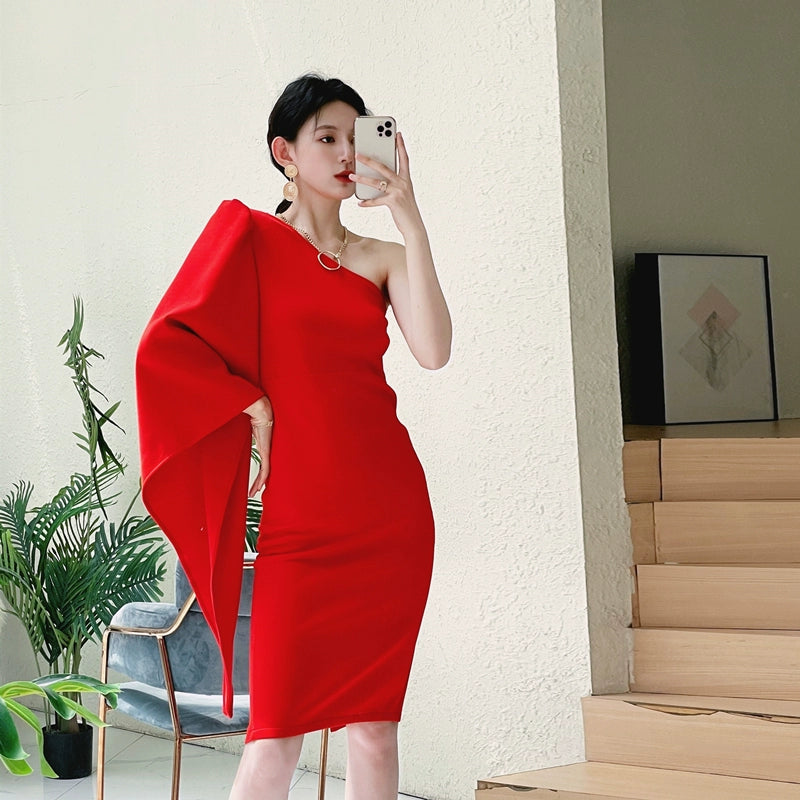 DOLLY Elegant One Shoulder Long Trumpet Sleeve Slim Fit Wedding Guest Dress-MALA