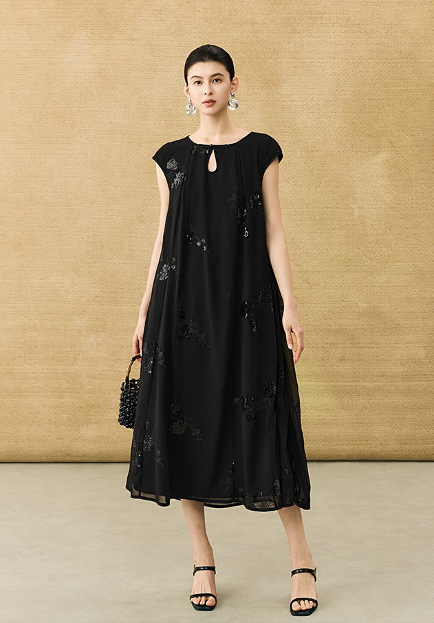 HECO Chinese Style Water Drop Neck Shoulder Embroidered Dress - SWEAT.