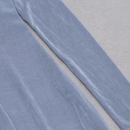 DOLLY Luxury Fog Blue Pleated Off Shoulder Slant Collar Long Sleeve Banquet Dress-MAYA