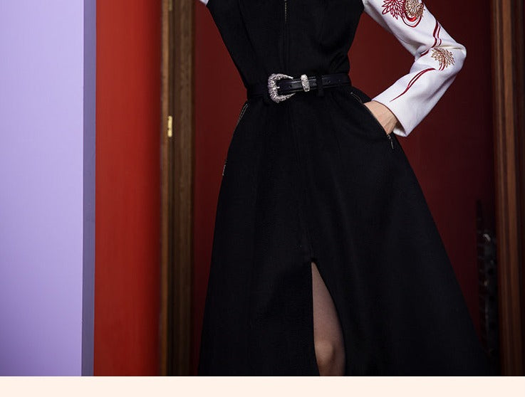 Magic Q Black Chinese stand-up collar crane embroidered wool coat dress - studden