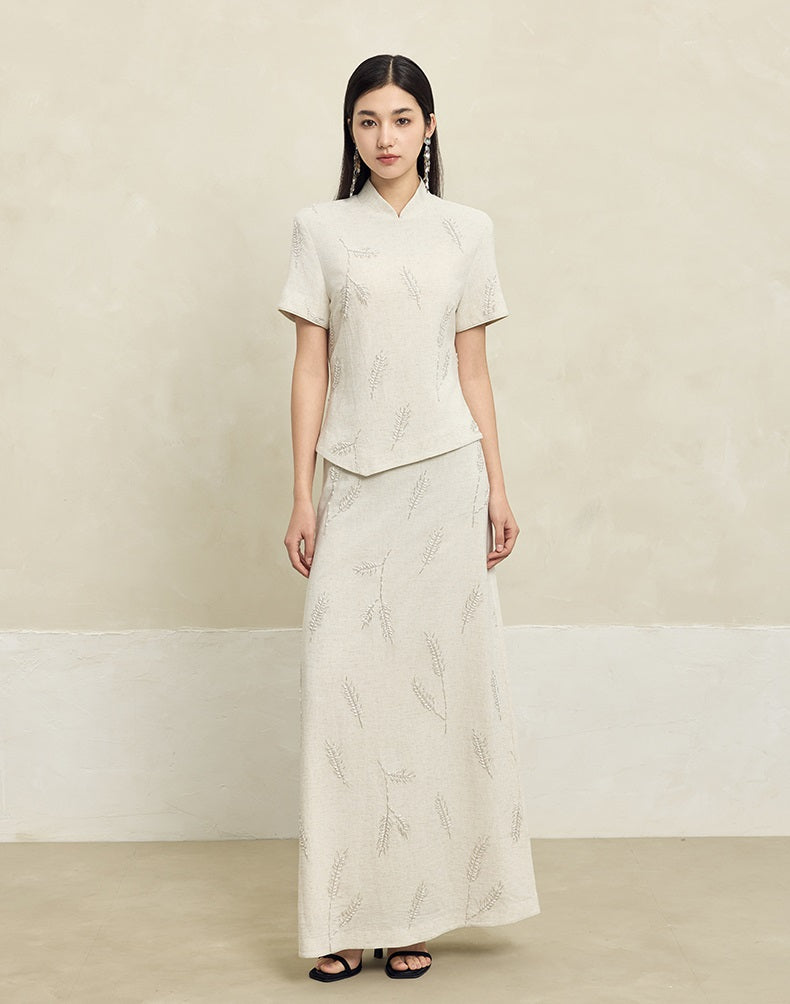 HECO Linen Pearl Leaf Bead Embroidery High Waist Long Skirt Women - JUDAH.