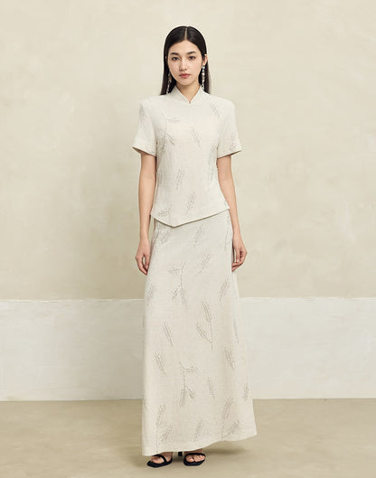 HECO Linen Pearl Leaf Bead Embroidery High Waist Long Skirt Women - JUDAH.