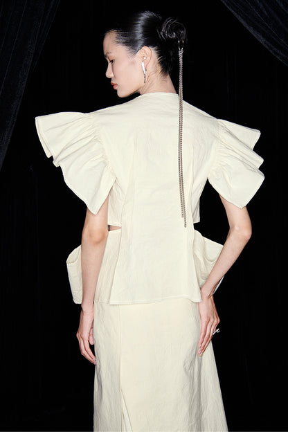 M essential Mackay designer butterfly-embroidered V-neck top skirt pants set - Amisa