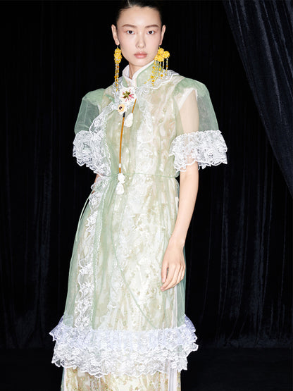 M essential Mackay designer Ear Mesh lace welt stand-up collar dress - DOUNT.