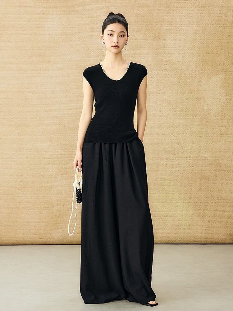 HECO Chinese style U-neck nail bead shoulder wrap small fly sleeve top - ROSE.