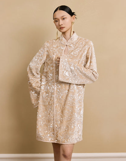 HECO floral sequins embroidery long sleeve short DRESS  - CUTE.