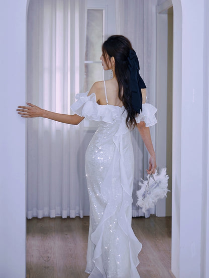 DOLLY Elegant White Off Shoulder Sequin Ruffled Tube Top Banquet Dress-ALICIA