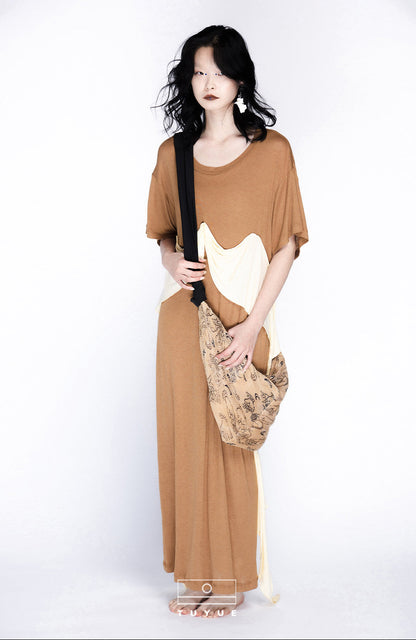 TUYUE brown crew neck loose draped design short sleeve dress - BROWN.