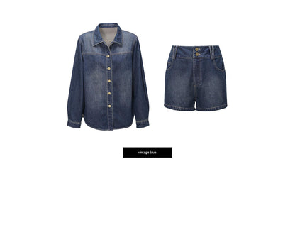 WANGXO | Sophisticated Denim Shirt & Shorts Outfit Set - LUXOR.