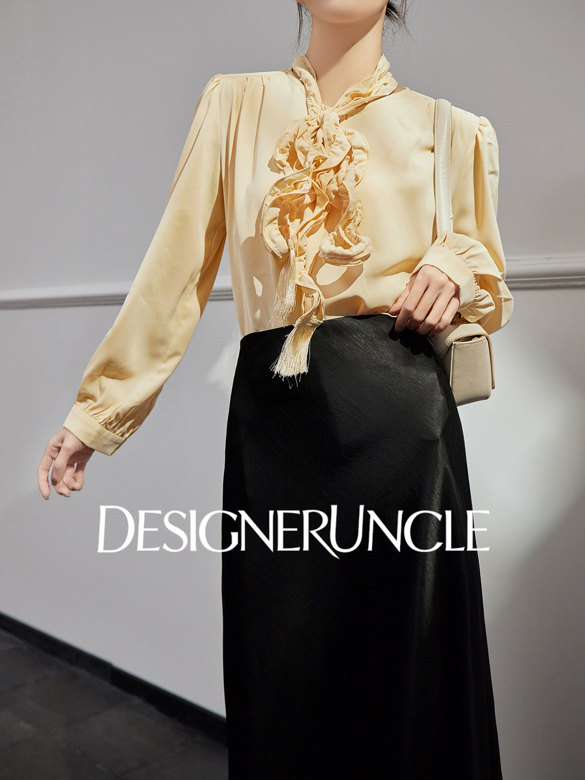 DGU "Euphemism" goose yellow shirt commuter ruffle slimming versatile top - LOVER.