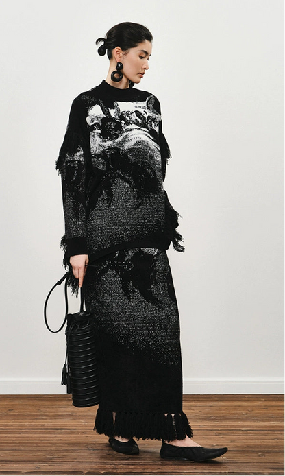 ZHUCHONGYUN winter fringed wool jacquard knit long skirt--MINATO.