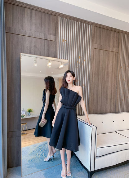 DOLLY Elegant Off Shoulder Pleated Ruffle Tube Top High Wait Midi Dress-LLA